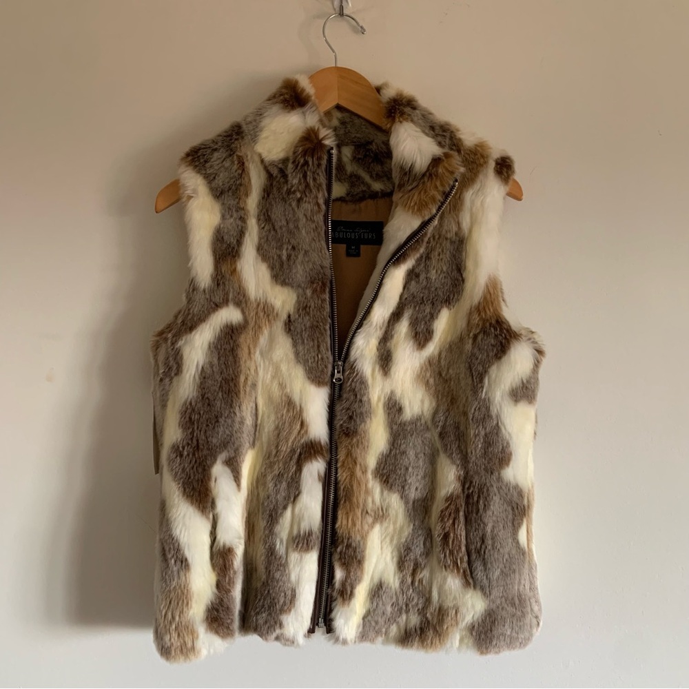 Donna Salyer’s Fabulous Furs Stenciled Faux Fur Vest, Brown and Cream, Medium